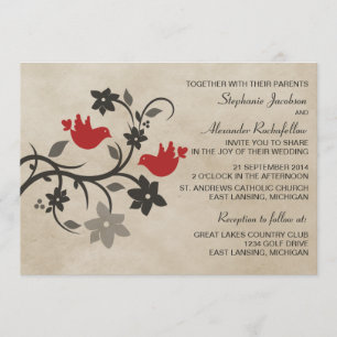 Red Floral Lovebirds Wedding Invitation