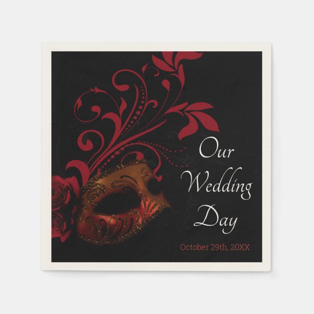 Red Floral Mask Wedding Napkin (Front)