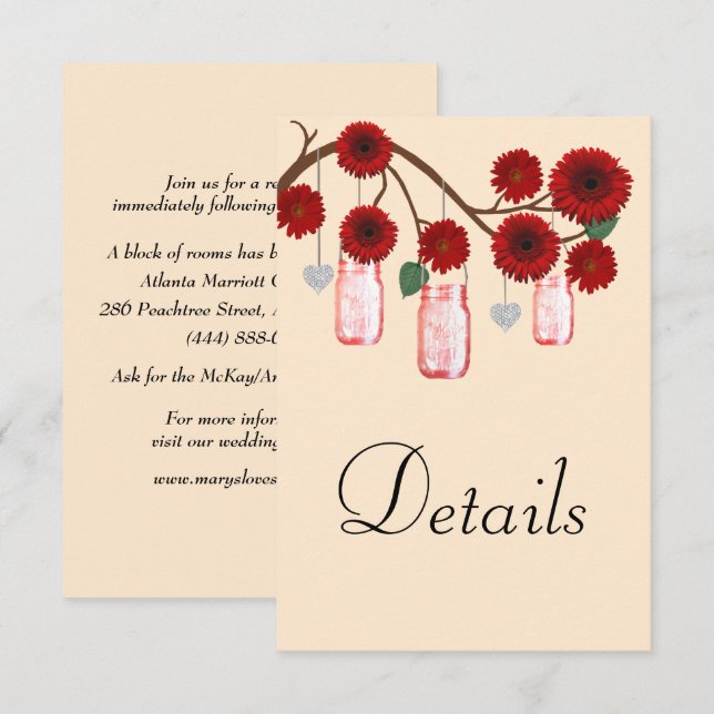 Red Floral Mason Jars Wedding Details Enclosure Card (Front/Back)