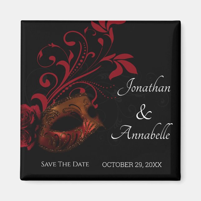 Red Floral Masquerade Save The Date Magnet (Front)