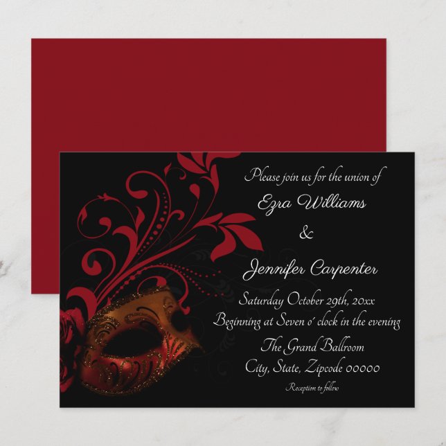 Red Floral Masquerade Wedding Invitation (Front/Back)
