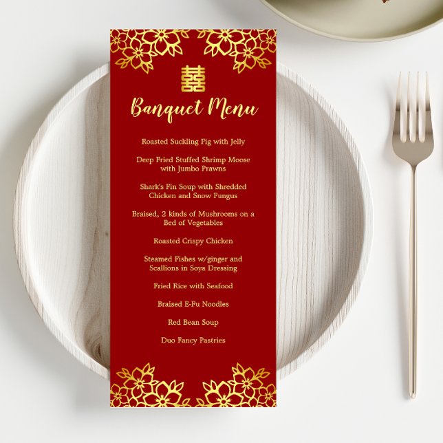 Red floral modern Chinese wedding banquet Menu (Creator Uploaded)