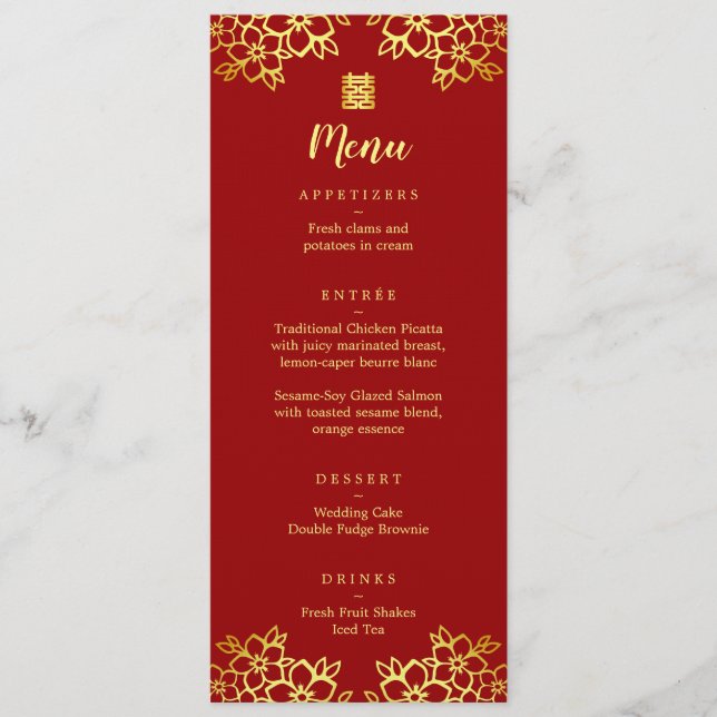 Red floral modern Chinese wedding  Menu (Front)