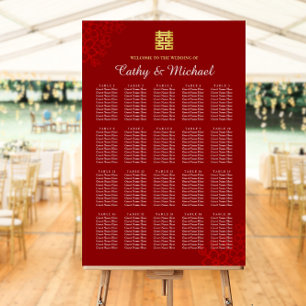Red floral modern Chinese wedding seating chart
