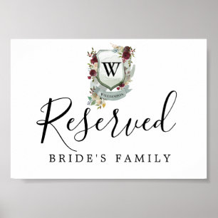 Red Floral Monogram Crest Wedding Reserved Sign