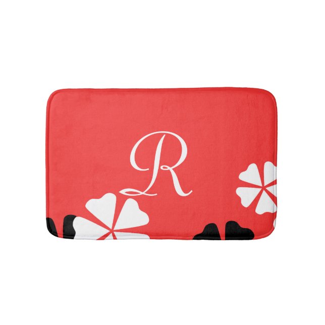 Red Floral Monogrammed Plush Bath Mat (Front)