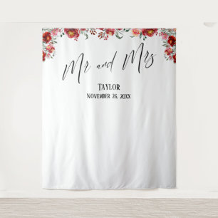 Red Floral Mr and Mrs Photo Backdrop Tapestry