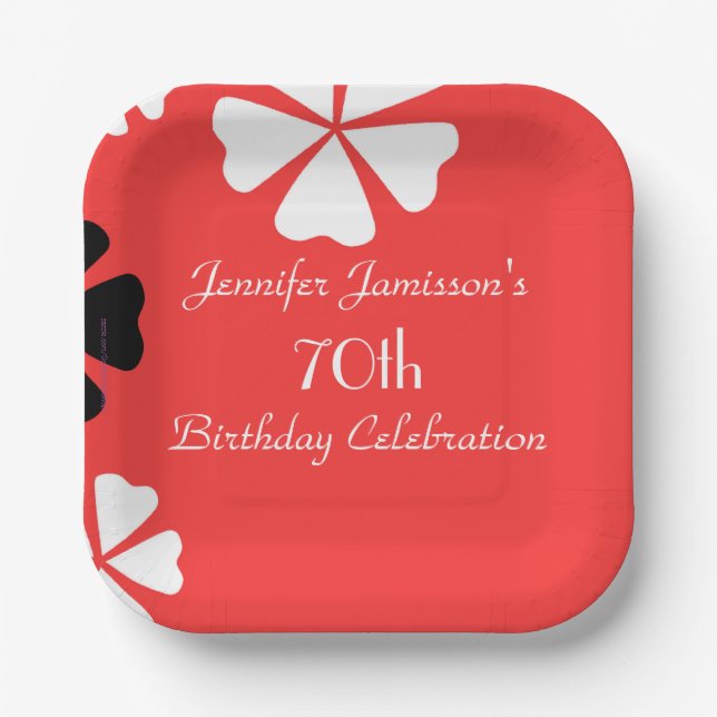 Red Floral, Name 70th Birthday Party Simple Square Paper Plate (Front)