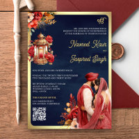 Red Floral Navy QR Code Anand Karaj Sikh Wedding