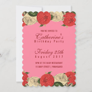 Red Floral on Pink Birthday Invitation