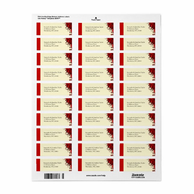Red Floral on White Return Address Labels Favours (Full Sheet)