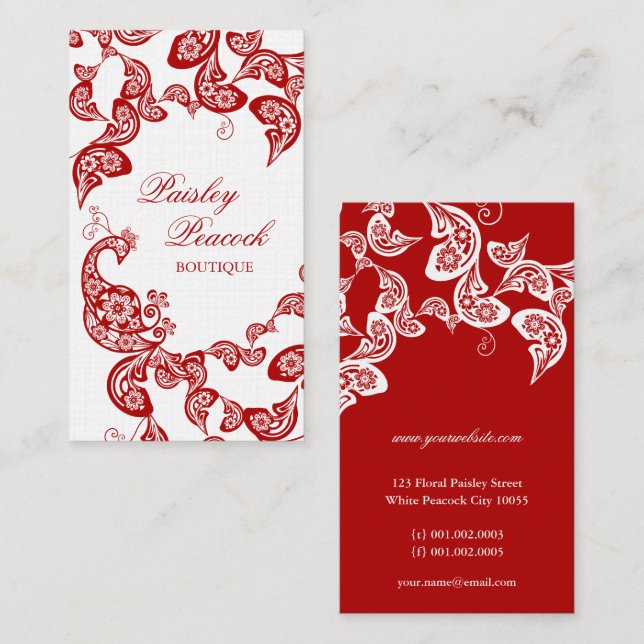 Red Floral Paisley Peacock Stylish Chic Elegant Business Card (Front/Back)