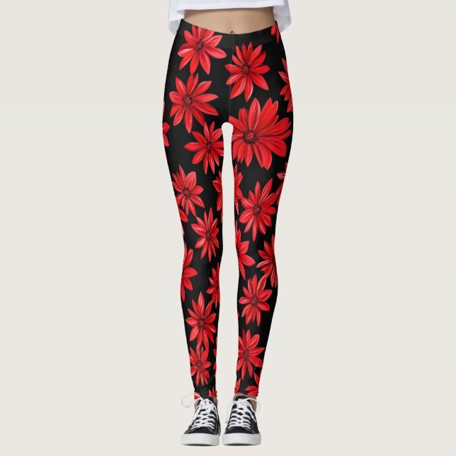 Red Floral Pattern Leggings (Front)
