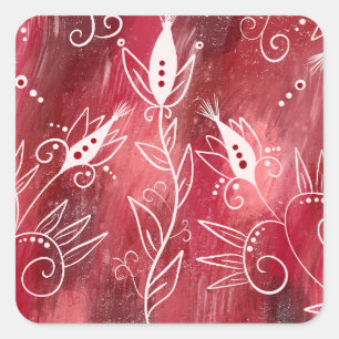 Red Floral Pattern Square Sticker