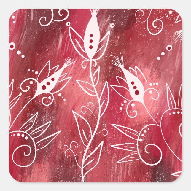 Red Floral Pattern Square Sticker (Front)