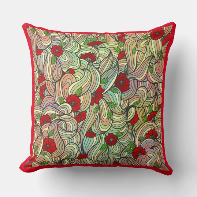 Red Floral Pattern with Colourful Soft Wavy Lines Cushion (Front)