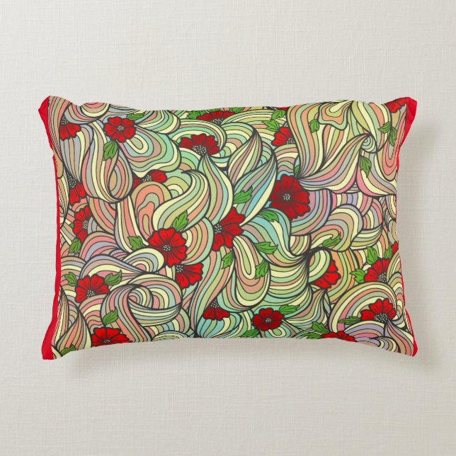 Red Floral Pattern with Colourful Soft Wavy Lines  Decorative Cushion (Front)