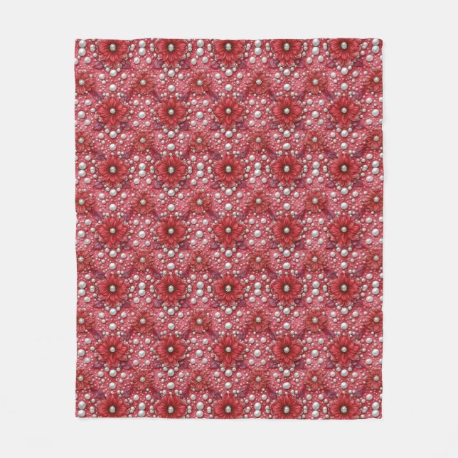 Red Floral Pattern With Pearl Accents Fleece Blanket (Front)