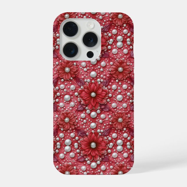 Red Floral Pattern With Pearl Accents iPhone Case (Back)