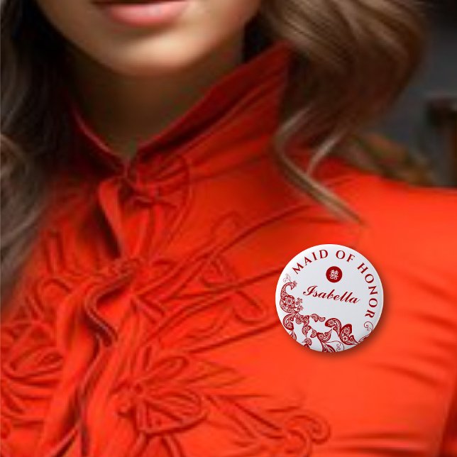 Red Floral Peacock Asian Wedding Maid Of Honor 6 Cm Round Badge (MAID OF HONOR Red Boho Peacock Double Happiness Chinese Wedding Pin Button @ fatfatin_red_knot)