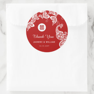 Red Floral Peacock Double Happiness Asian Wedding Classic Round Sticker