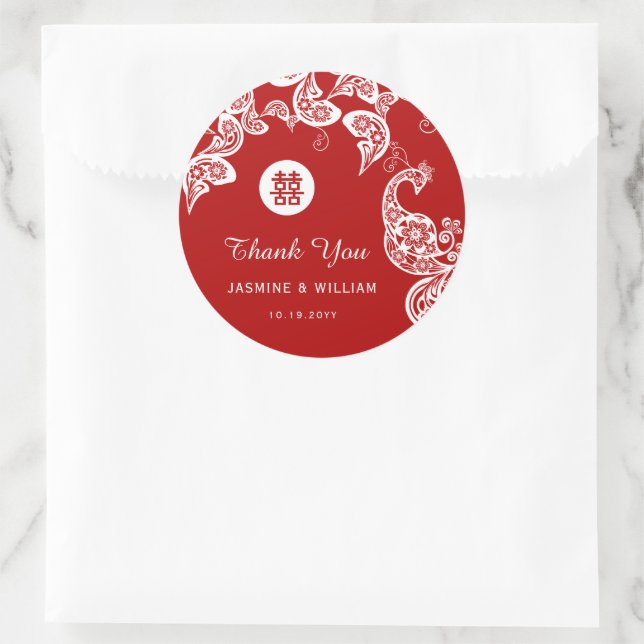 Red Floral Peacock Double Happiness Asian Wedding Classic Round Sticker (Bag)