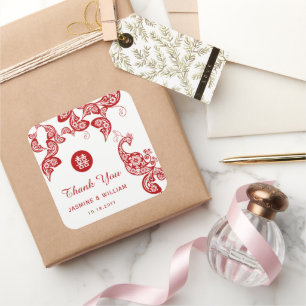 Red Floral Peacock Double Happiness Asian Wedding Square Sticker