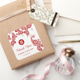 Red Floral Peacock Double Happiness Asian Wedding Square Sticker