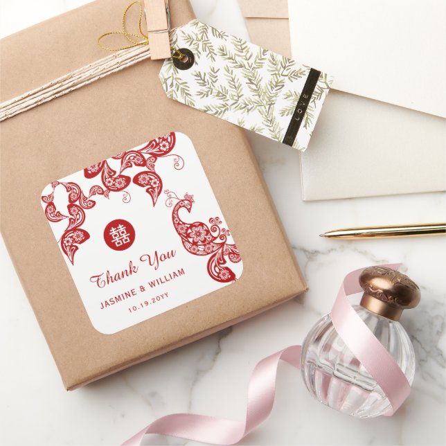 Red Floral Peacock Double Happiness Asian Wedding Square Sticker (Gifting)
