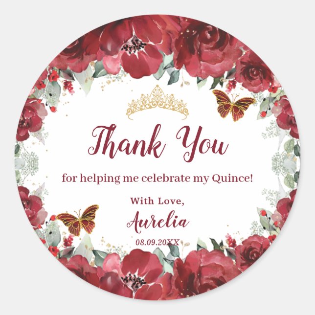 Red Floral Peony Butterflies Quinceanera Favour Classic Round Sticker (Front)