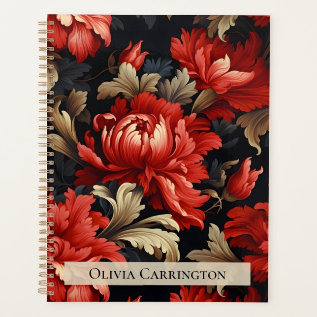 Red Floral Peony Pattern Personalised Planner (Front)