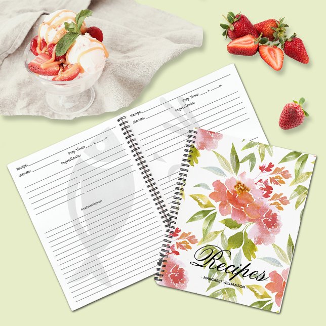 Red Floral Personalised Recipe Notebook (Red Floral Personalized Recipe Notebook - SOFT or HARD cover)