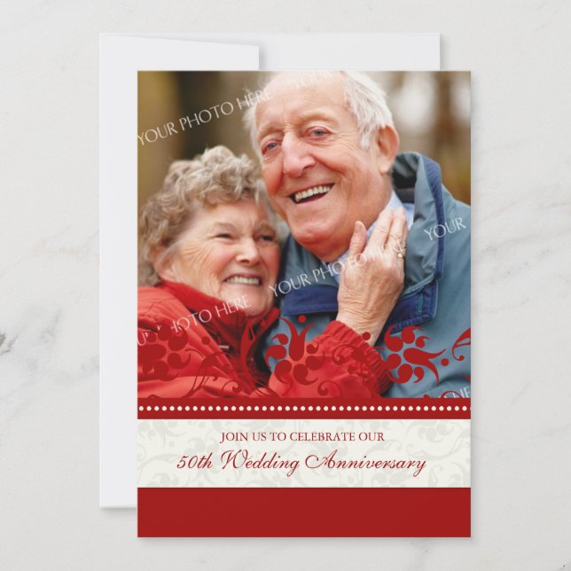 Red Floral Photo 50th Anniversary Invitation (Front)