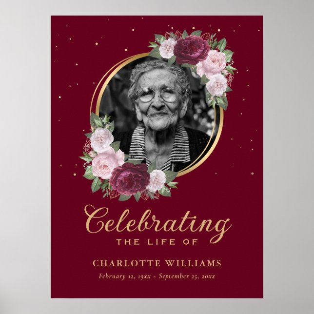 Red Floral Photo Celebration of Life Funeral Sign (Front)