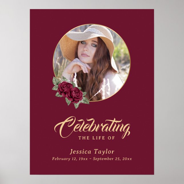 Red Floral Photo Memorial Funeral Welcome Sign (Front)