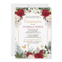 Red Floral Photo Quinceanera Invite in Spanish