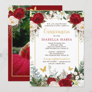 Red Floral Photo Quinceanera Invite in Spanish 