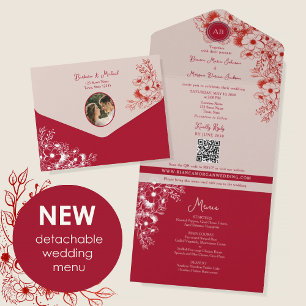 Red Floral Photo Wedding All In One Invitation