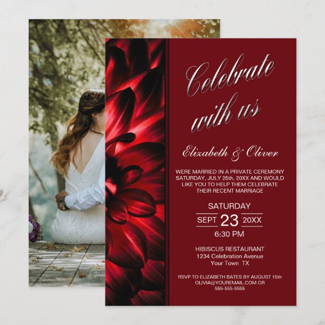 Red Floral Photo Wedding Reception Invitation (Front/Back)