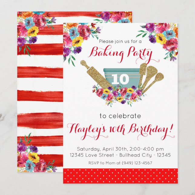 Red Floral Pioneer Baking Party Girl's Birthday Invitation (Front/Back)