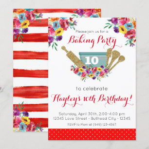 Red Floral Pioneer Baking Party Girl's Birthday Invitation