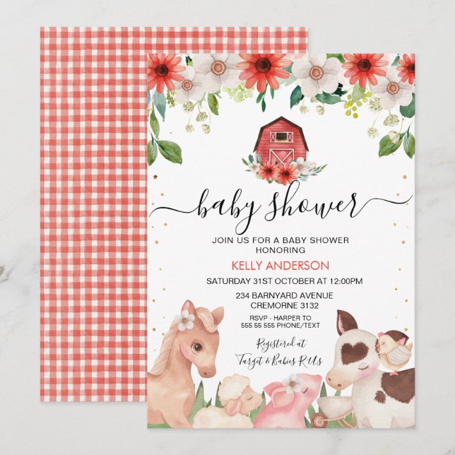 Red Floral Plaid Farm Animals Baby Shower Invitation (Front/Back)