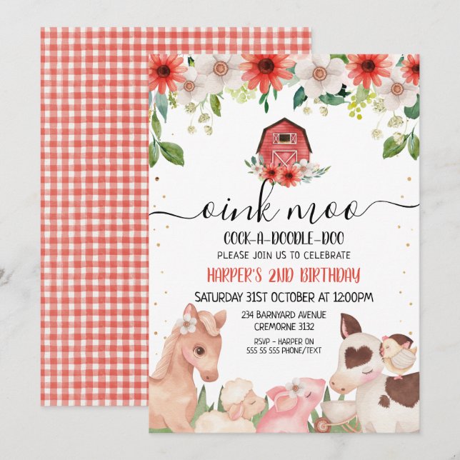 Red Floral Plaid Farm Animals Birthday Invitation (Front/Back)