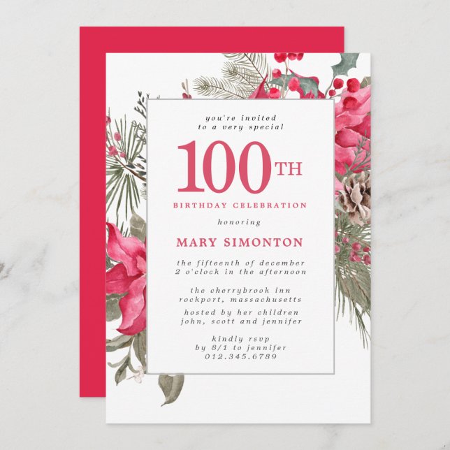 Red Floral Poinsettia 100th Birthday Party Invitat Invitation (Front/Back)