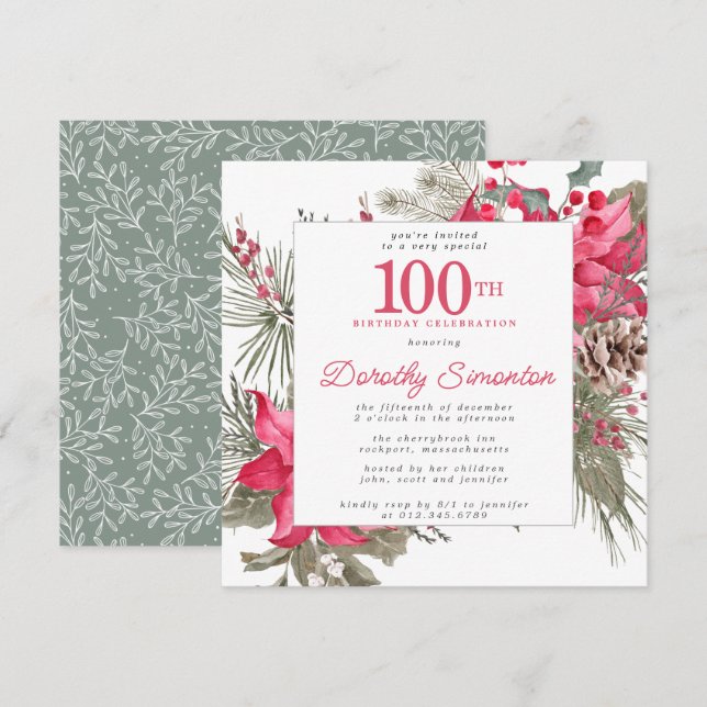 Red Floral Poinsettia 100th Birthday Party Square Invitation (Front/Back)