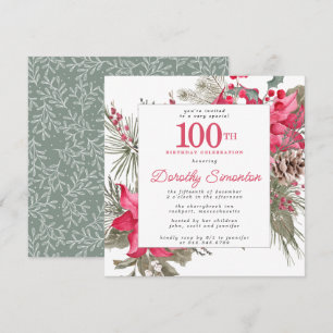 Red Floral Poinsettia 100th Birthday Party Square Invitation