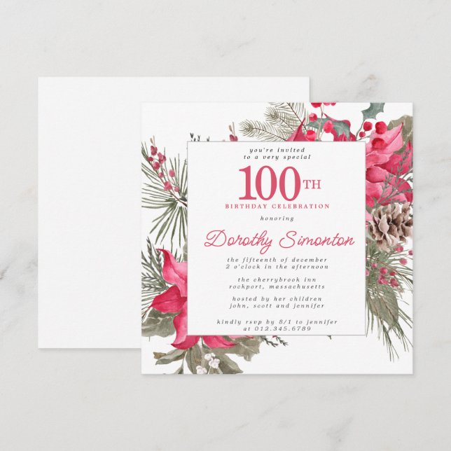 Red Floral Poinsettia 100th Birthday Party Square Invitation (Front/Back)