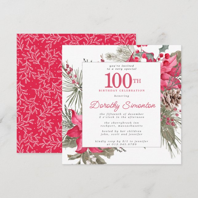 Red Floral Poinsettia 100th Birthday Party Square Invitation (Front/Back)
