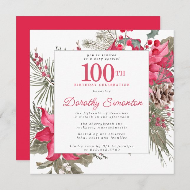 Red Floral Poinsettia 100th Birthday Party Square Invitation (Front/Back)