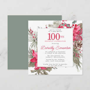 Red Floral Poinsettia 100th Birthday Party Square Invitation